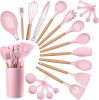 Kitchen Cooking Utensils Set, 23-Piece Silicone Kitchen Utensils Spatula Set with Holder, Heat Resistant Wooden Handle Kitchen Gadget for Nonstick Co