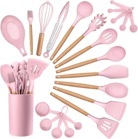 Kitchen Cooking Utensils Set, 23-Piece Silicone Kitchen Utensils Spatula Set with Holder, Heat Resistant Wooden Handle Kitchen Gadget for Nonstick Co