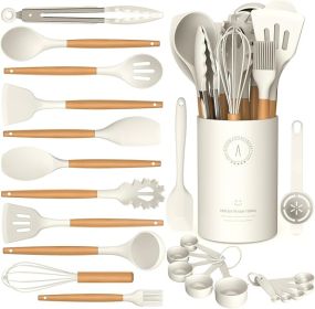 Silicone Cooking Utensils Set - Silicone Kitchen Utensils for Cooking Wooden Handles, 446°F Heat Resistant Kitchen Utensil Spatula Sets w Holder, Gad