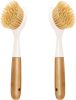 2 Pack Kitchen Dish Brush Bamboo Handle Dish Scrubber Built-in Scraper, Scrub Brush for Pans, Pots, Kitchen Sink Cleaning, Dishwashing and Cleaning B