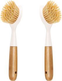 2 Pack Kitchen Dish Brush Bamboo Handle Dish Scrubber Built-in Scraper, Scrub Brush for Pans, Pots, Kitchen Sink Cleaning, Dishwashing and Cleaning B