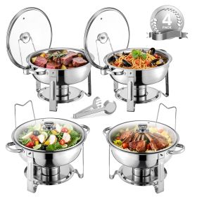 Chafing Dish Buffet Set, 5 Qt 4 Pack, Stainless Steel Chafer with 4 Full Size Pan, Round Catering Warmer Server with Glass Lid Water Pan Folding Stan