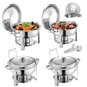 Chafing Dish Buffet Set, 5 Qt 4 Pack, Stainless Steel Chafer with 4 Full Size Pans, Round Catering Warmer Server with Lid Water Pan Folding Stand Cli