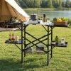 Outdoor Camp Cooking Prep Station Reinforced Aluminum Alloy Cross Brace Frame, Side Shelves Under Mesh Storage Anti-Wobble Flat Fold Design for Picni