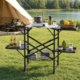 Outdoor Camp Cooking Prep Station Reinforced Aluminum Alloy Cross Brace Frame, Side Shelves Under Mesh Storage Anti-Wobble Flat Fold Design for Picni