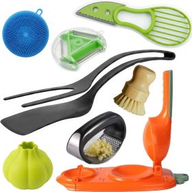 Kitchen Accessories Set (8-Piece) - Premium Cooking Utensils & Gadgets with Bamboo Dish Brush, Avocado Slicer, Garlic Press, Peeler, Tongs & Dumpling