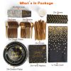 201PCS Black Gold Birthday Party Supplies For 25 Guests Happy Birthday Disposable Dinnerware Set Paper Plates 9OZ Cups Straws Napkins Forks Knives Sp