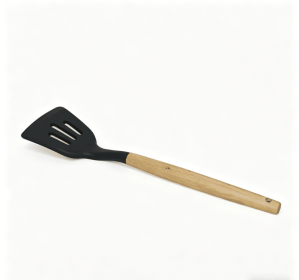 Wooden handle silicone cooking utensils, heat-resistant non-stick kitchen tools including spoon rests, egg beaters, tongs and spatulas, kitchen appli (style: slotted spatula)