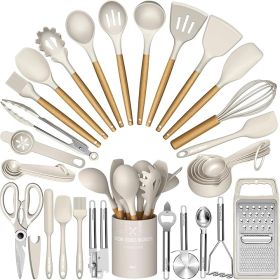 Chef Silicone Kitchen Utensil Set, 34PCS Heat Resistant Kitchen Gadgets and Tools With Grater, Wood Handles for Nonstick Cookware (COLOUR: Khaki)