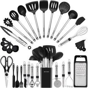 Kitchen Utensil Set-Silicone Cooking Utensils-33 Kitchen Gadgets & Spoons for Nonstick Cookware-Silicone and Stainless Steel Spatula Set-Best Kitchen (Color: black)