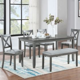 6 Piece Kitchen Dining Set, Rectangular Wooden Dining Table with 4 Upholstered Chairs and a Bench, Dining Table Set for 6 People, Living Room, Home B (Color: as Pic)