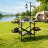 Foldaway Outdoor Cooking Table with Detachable Lamp Holder 4 Fold Side Trays Mesh Storage Shelf, Cross Brace Support Max 154lbs Weight Capacity Built
