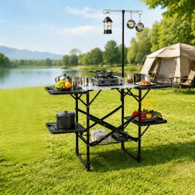 Foldaway Outdoor Cooking Table with Detachable Lamp Holder 4 Fold Side Trays Mesh Storage Shelf, Cross Brace Support Max 154lbs Weight Capacity Built (Color: black)
