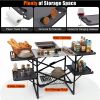 Foldaway Outdoor Cooking Table with Detachable Lamp Holder 4 Fold Side Trays Mesh Storage Shelf, Cross Brace Support Max 154lbs Weight Capacity Built